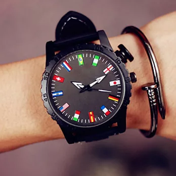 Watch-123 英雄同盟-12國旗幟時標創意大錶盤腕錶 (2色可選)黑色