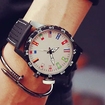Watch-123 英雄同盟-12國旗幟時標創意大錶盤腕錶 (2色可選)白色