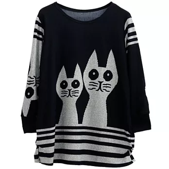 【AnZa】兩隻貓咪圖案條紋針織上衣(三色)FREE黑色