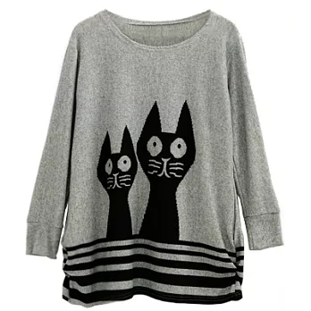 【AnZa】兩隻貓咪圖案條紋針織上衣(三色)FREE淺灰色