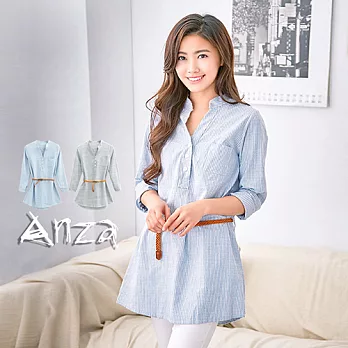 【AnZa】附編織腰帶細條紋長版襯衫(二色) FREE水藍色