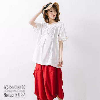 【慢。生活】蕾絲風棉麻上衣(2色)-F FREE白