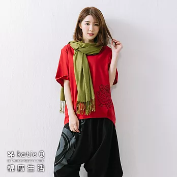 【KatieQ 慢。生活】手繡花朵棉麻上衣(3色)-F FREE紅