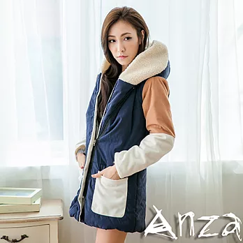 【AnZa】中大尺碼.刷毛拼色鋪棉羊羔毛帽外套(二色)FREE藍色