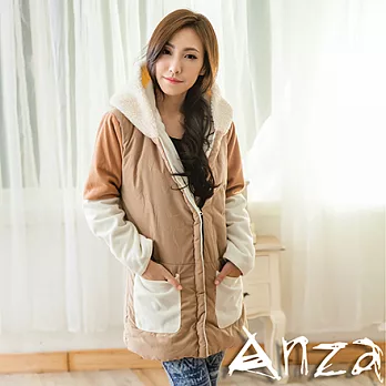 【AnZa】中大尺碼.刷毛拼色鋪棉羊羔毛帽外套(二色)FREE杏色