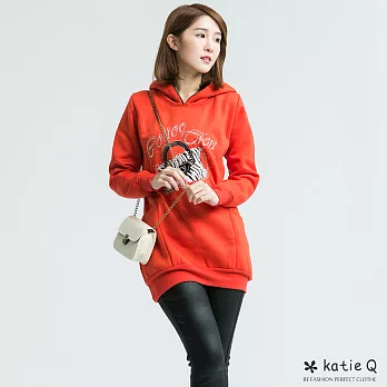 【KatieQ】時尚晶鑽內刷毛帽TEE(橘)-M-3L中大尺碼 M橘
