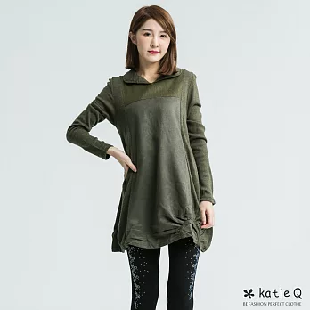 【KatieQ】簡約皮絨拼接長版上衣(綠)-M-XL XL綠