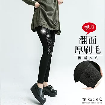 【KatieQ】刷毛百搭仿牛仔丹寧褲(5色)-F FREE晶鑽