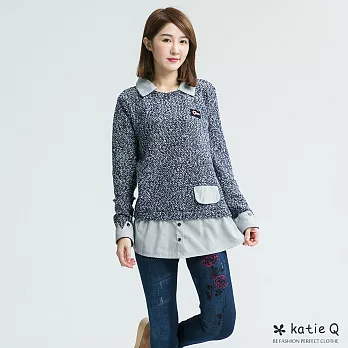 【KatieQ】學院風時尚假兩件針織上衣(2色)-M-XL　L藍