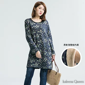 【Kaleena Queen】花語海狸絨內裏寬上衣-M-XL M藍
