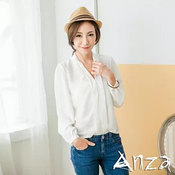 【AnZa】人造絲紗壓折V領襯衫(二色)FREE白色