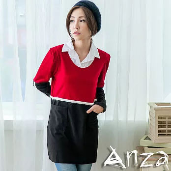 【AnZa】輕毛呢襯衫領長版連身上衣/裙(二色)FREE紅拚黑