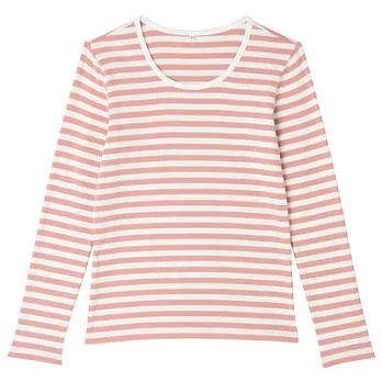 [MUJI無印良品]女有機棉混彈性圓領橫紋長袖T恤S粉橘橫紋