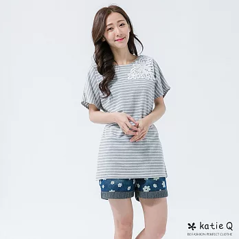 【KatieQ】貼花條紋寬上衣(2色)-F FREE灰