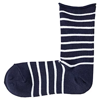 [MUJI無印良品]女有機棉混足口捲折細橫紋直角襪23-25cm深藍
