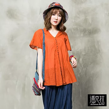【潘克拉】V領排釦素色捲T(3色)-F FREE橘