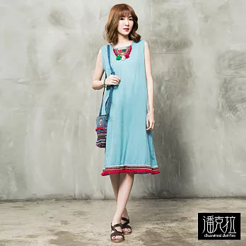 【潘克拉】設計款手繡流蘇洋裝-F FREE水藍
