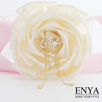 Enya★925銀 不對稱星星月亮垂墜耳環金色