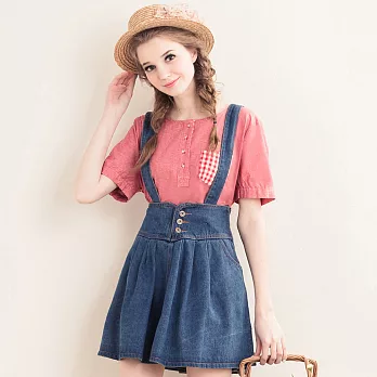 【模兒空間AMOR SPACE】25-20-0005雙口袋拼格紋仿牛仔布上衣FREE紅