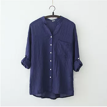 夏日系小清新寬鬆棉麻七分袖亞麻襯杉 - XL藍色