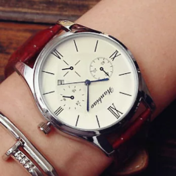 Watch-123 夏戀輕井澤-潮流手感仿三眼情侶腕錶 (2色任選)褐帶白盤 (男)