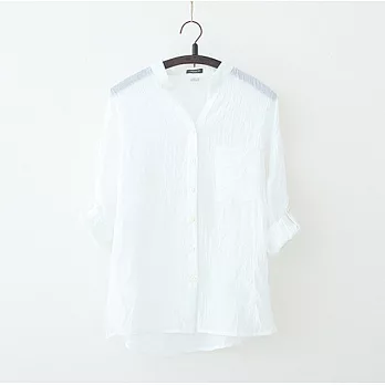 夏日系小清新寬鬆棉麻七分袖亞麻襯杉 -XL白色