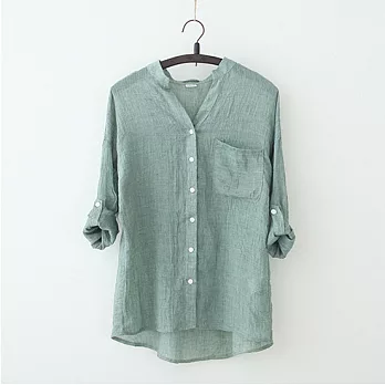 夏日系小清新寬鬆棉麻七分袖亞麻襯杉 -L綠色