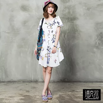 【潘克拉】蝴蝶印花長版洋裝(2色)-F FREE白