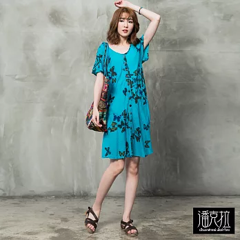 【潘克拉】蝴蝶印花長版洋裝(2色)-F　FREE湖藍