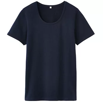 [MUJI無印良品]女有機棉混彈性圓領短袖T恤S深藍