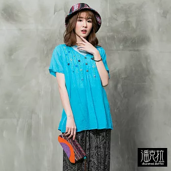 【潘克拉】假兩件繡花短T(3色)-F FREE牛藍