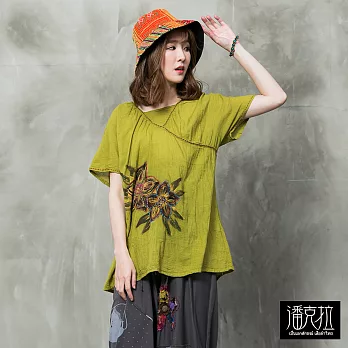 【潘克拉】Y字斜領印花捲T(3色)-F FREE綠