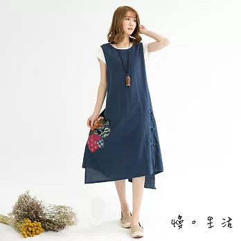 【慢。生活】花朵拼布棉麻連身裙(2色)-F FREE藍