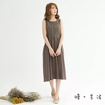 【慢。生活】蕾絲風棉麻連身裙(2色)-F　FREE灰