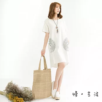 【慢。生活】圓型繡花棉麻連身裙(2色)-F　FREE白