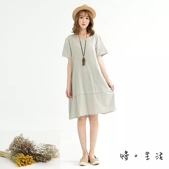 【慢。生活】繡花前層次棉麻連身裙(2色)-F　FREE灰