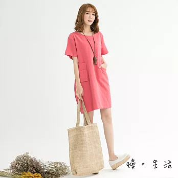 【慢。生活】設計口袋棉麻連身裙(3色)-F　FREE桃