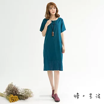 【慢。生活】中式領繡線棉麻連身裙(2色)-F FREE藍
