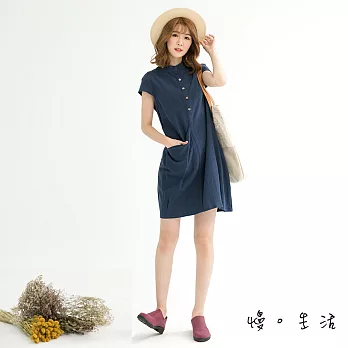 【慢。生活】設計袖口棉麻連身裙(2色)-F　FREE藍