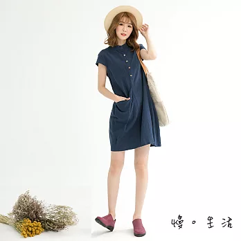 【慢。生活】設計袖口棉麻連身裙(2色)-F FREE藍