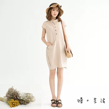【慢。生活】設計袖口棉麻連身裙(2色)-F　FREE杏