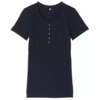 [MUJI無印良品]女有機棉螺紋亨利領短袖T恤M深藍