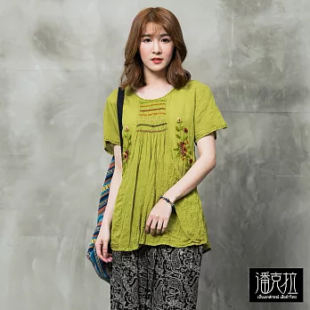 【潘克拉】彩線雙繡花捲T(3色)-F FREE綠