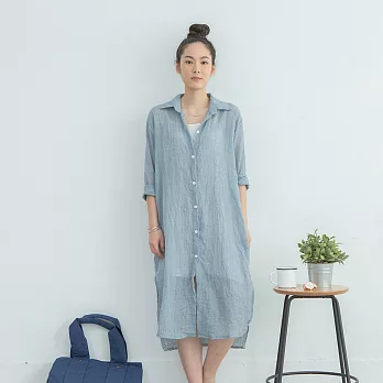 【Lockers 木櫃】清爽棉麻長袖長版襯衫連身洋裝/外套-送腰帶(藍色)