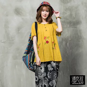 【潘克拉】精緻三朵繡花捲T(2色)-F FREE黃