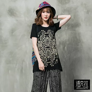 【潘克拉】對稱大圖騰上衣(2色)-F FREE黑