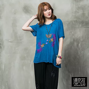 【潘克拉】撞色繡花捲T(2色)-F FREE藍