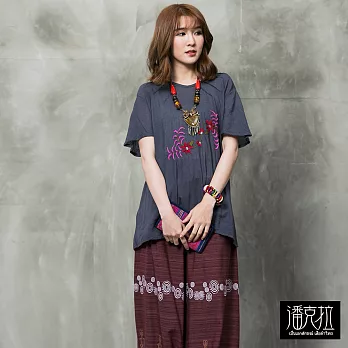 【潘克拉】撞色繡花捲T(2色)-F FREE灰