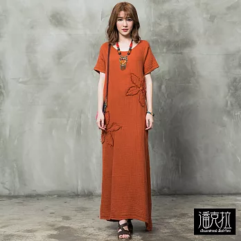【潘克拉】素色織花連身裙(3色)-F　FREE橘
