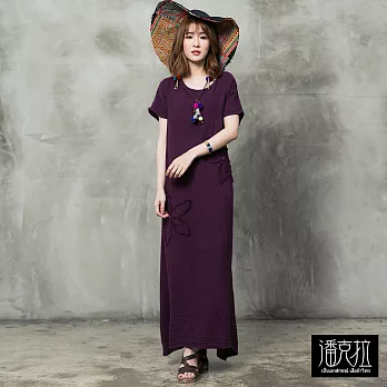 【潘克拉】素色織花連身裙(3色)-F　FREE紫